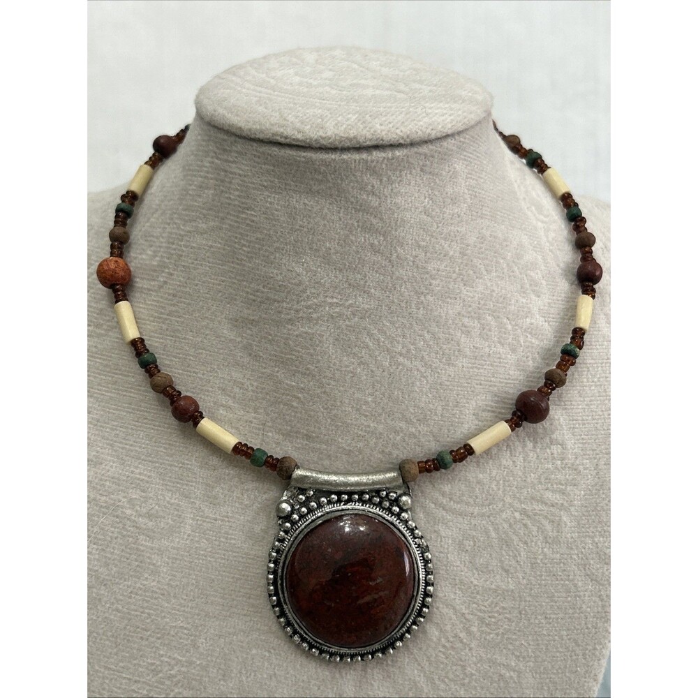 Beaded Choker Necklace With Brown Center Stone Costume Jewelry